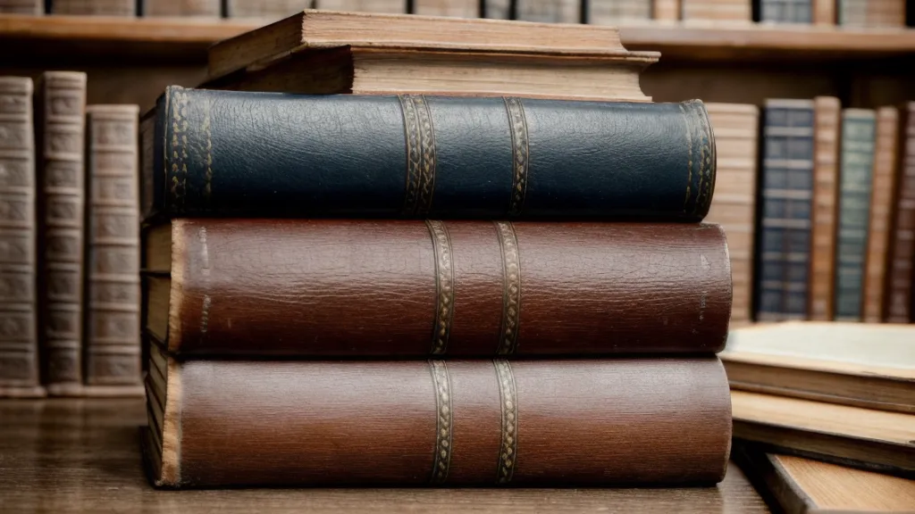Bücherstapel und Brille auf einem Bibliothekstresen im Morgenlicht.